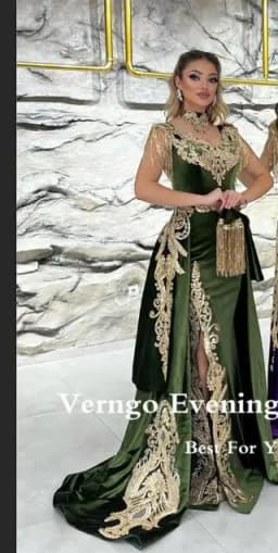 Verngo New Moroccan Kaftan Velvet Evening Dress Detachable Train Purple Applique Long Prom Gowns Karakou Formal Gown customized