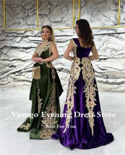 Verngo New Moroccan Kaftan Velvet Evening Dress Detachable Train Purple Applique Long Prom Gowns Karakou Formal Gown customized