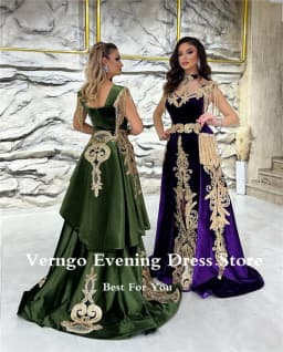 Verngo New Moroccan Kaftan Velvet Evening Dress Detachable Train Purple Applique Long Prom Gowns Karakou Formal Gown customized