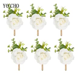 6PCS White Ivory Rose Boutonniere for Men Groom and Best Man Boutonnieres with Artificial Flower for Wedding Ceremony Anniversar