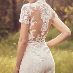 Bridal Jumpsuit High Neck Short Sleeve Lace Wedding Outfit Illusion Open Back Wide Leg Pants Bohemian Wedding Dress Custom Made