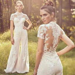 Bridal Jumpsuit High Neck Short Sleeve Lace Wedding Outfit Illusion Open Back Wide Leg Pants Bohemian Wedding Dress Custom Made