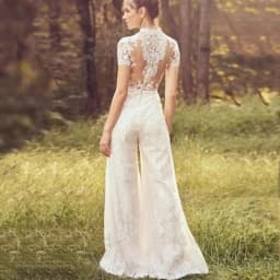 Bridal Jumpsuit High Neck Short Sleeve Lace Wedding Outfit Illusion Open Back Wide Leg Pants Bohemian Wedding Dress Custom Made
