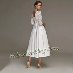 Tea Length Satin Wedding Dress A Line 3/4 Sleeve Lace Simple White Civil Short Bridal Gown Custom Plus Size Robe De Marirage