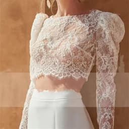 LSYX Customized Boho 2 Pieces Lace Long Puff Sleeves Wedding Dresses High Side Slit O-Neck Backless Sweep Train Illusion 2026
