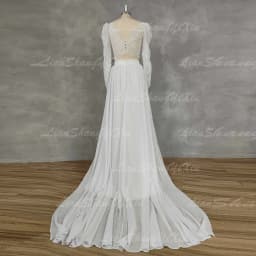 LSYX Customized Boho 2 Pieces Lace Long Puff Sleeves Wedding Dresses High Side Slit O-Neck Backless Sweep Train Illusion 2026