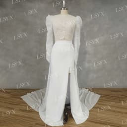 LSYX Customized Boho 2 Pieces Lace Long Puff Sleeves Wedding Dresses High Side Slit O-Neck Backless Sweep Train Illusion 2026