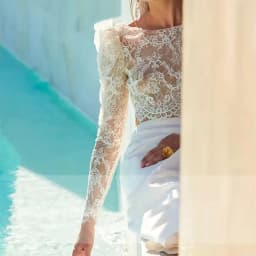 LSYX Customized Boho 2 Pieces Lace Long Puff Sleeves Wedding Dresses High Side Slit O-Neck Backless Sweep Train Illusion 2026