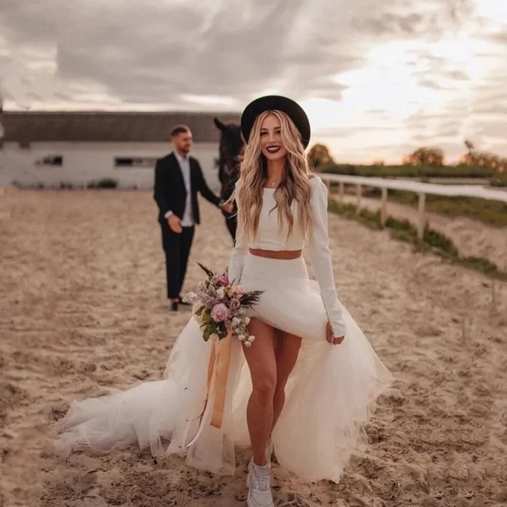 Country Two Pieces Wedding Dresses Mermaid Simple Tulle Long Sleeve O-Neck Bridal Gown Vintage Beach Bride Dresses Customized