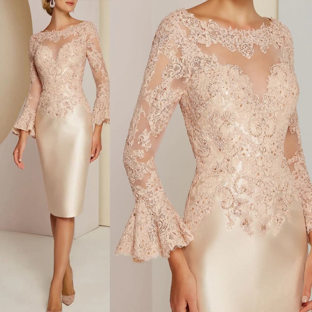 Classic Champagne Long Sleeve Mother of the Bride Dresses Lace Customized Wedding Guest Gowns Mother Dresses Knee Length
