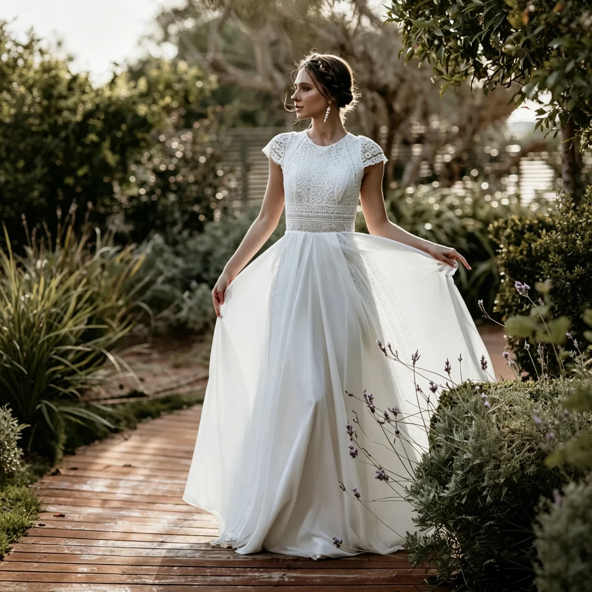 Vintage Boho Lace Chiffon Beach Wedding Dress Cap Sleeve O Neck Flowy A Line Long Bridal Dress Back Keyhole Civil Ceremony Gown