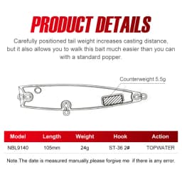 Noeby 105mm 24g Topwater Popper Fishing Lures Wobblers Long Casting Artificial Hard Baits Saltwater Freshwater Fishing Lures