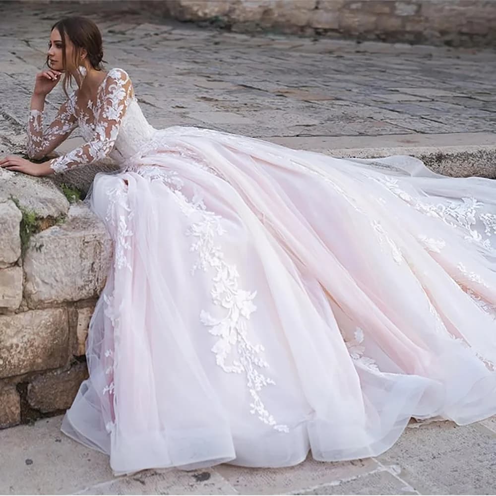 Long Sleeve Illusion V Neck Lace Wedding Dress Appliques Sheer Back Ball Gown Tulle Bridal Dress With Chapel Train Wedding Party