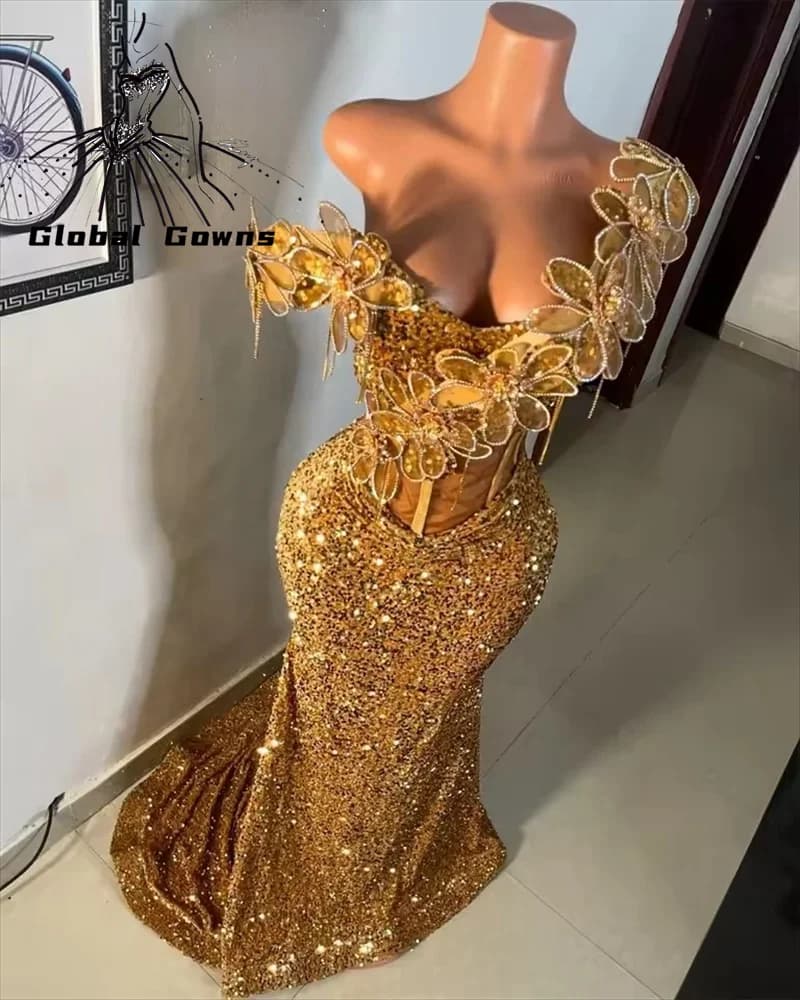 Sparkle Golden Aso Ebi Prom Dresses Black Girls Off Shoulder Crystals AppliquesFormal Prom Party Gowns Sequin Customized