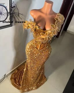 Sparkle Golden Aso Ebi Prom Dresses Black Girls Off Shoulder Crystals AppliquesFormal Prom Party Gowns Sequin Customized