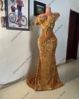 Sparkle Golden Aso Ebi Prom Dresses Black Girls Off Shoulder Crystals AppliquesFormal Prom Party Gowns Sequin Customized