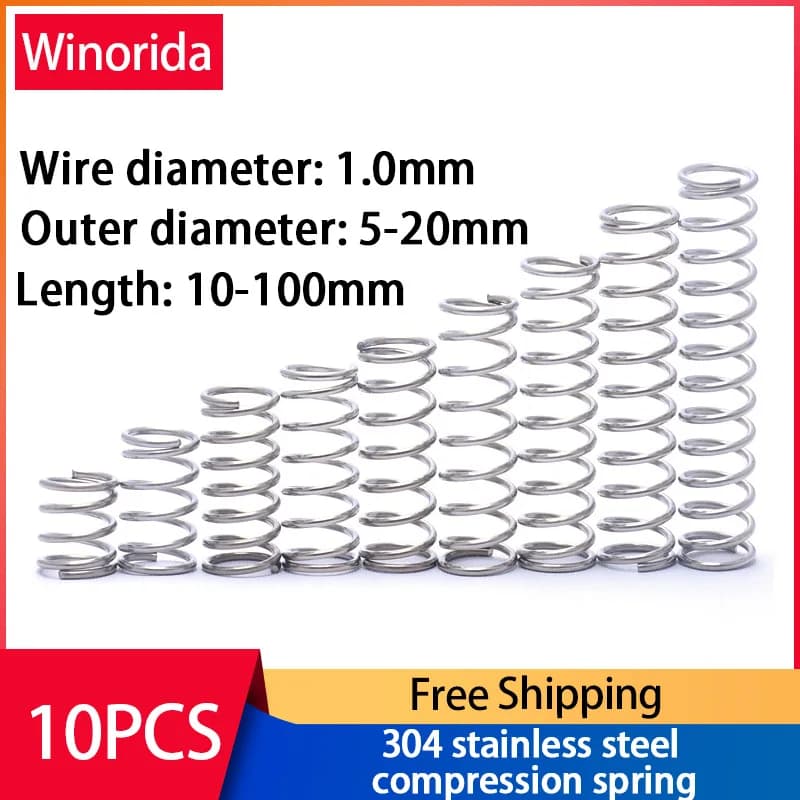 304 Stainless Steel Compression Spring, Return Spring, Steel Wire Diameter 1.0mm Outside Diameter 5~20mm  10 Pcs