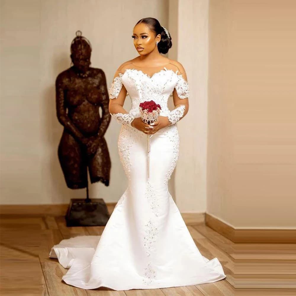 Mermaid Wedding Dresses With Sheer Neck Illusion Long Sleeves Bridal Gowns Lace Appliques Pearls Vestido De Noiva Robe فستا