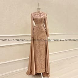 Saudi Kaftan Evening Dress For Woman Long Sleeve Glitter Lace Floor Length With Train High Neck Luxury Muslim Formal Party Gown