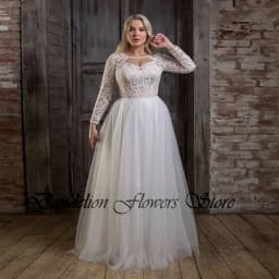 Elegant Lace Wedding Dresses Plus Size O-Neck Long Sleeves Bride Gown Pearls Sweep Train A-Line Tulle Robe De Mariée 2023