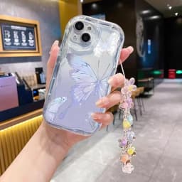 Case For iPhone 11 15 14 16 Pro Max 12 13 Mini 6 7 8 Plus cover Wrist Chain Butterfly Flower