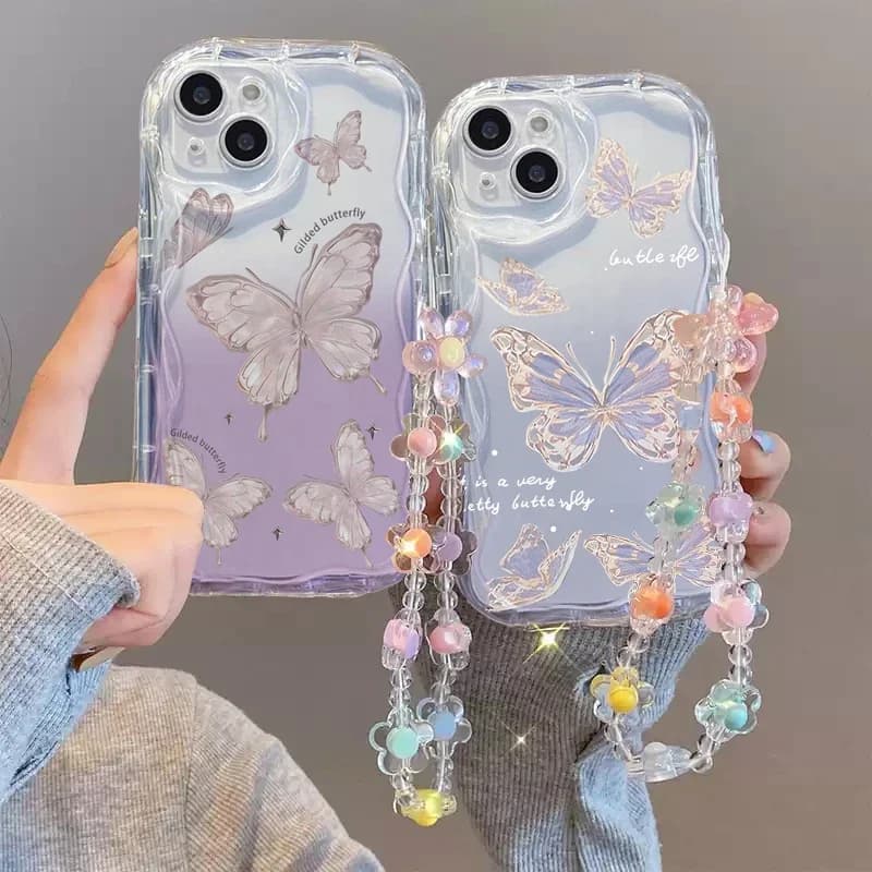 Case For iPhone 11 15 14 16 Pro Max 12 13 Mini 6 7 8 Plus cover Wrist Chain Butterfly Flower