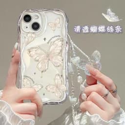 Case For iPhone 11 15 14 16 Pro Max 12 13 Mini 6 7 8 Plus cover Wrist Chain Butterfly Flower