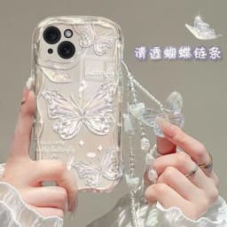 Case For iPhone 11 15 14 16 Pro Max 12 13 Mini 6 7 8 Plus cover Wrist Chain Butterfly Flower
