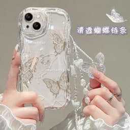 Case For iPhone 11 15 14 16 Pro Max 12 13 Mini 6 7 8 Plus cover Wrist Chain Butterfly Flower