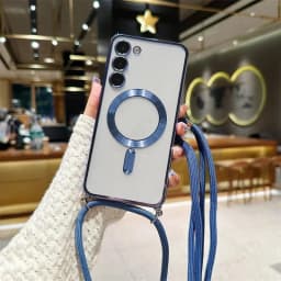 Transparent silicone magnetic case for Samsung S25 S24 S23 Ultra A56 A55  A36 A16 A26 Cross necklace rope wireless charge cover