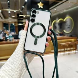 Transparent silicone magnetic case for Samsung S25 S24 S23 Ultra A56 A55  A36 A16 A26 Cross necklace rope wireless charge cover