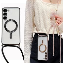 Transparent silicone magnetic case for Samsung S25 S24 S23 Ultra A56 A55  A36 A16 A26 Cross necklace rope wireless charge cover