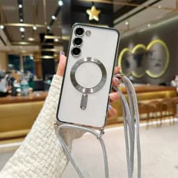 Transparent silicone magnetic case for Samsung S25 S24 S23 Ultra A56 A55  A36 A16 A26 Cross necklace rope wireless charge cover