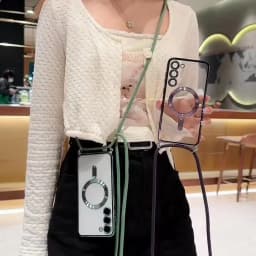 Transparent silicone magnetic case for Samsung S25 S24 S23 Ultra A56 A55  A36 A16 A26 Cross necklace rope wireless charge cover