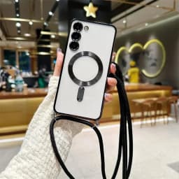 Transparent silicone magnetic case for Samsung S25 S24 S23 Ultra A56 A55  A36 A16 A26 Cross necklace rope wireless charge cover