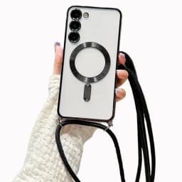 Transparent silicone magnetic case for Samsung S25 S24 S23 Ultra A56 A55  A36 A16 A26 Cross necklace rope wireless charge cover