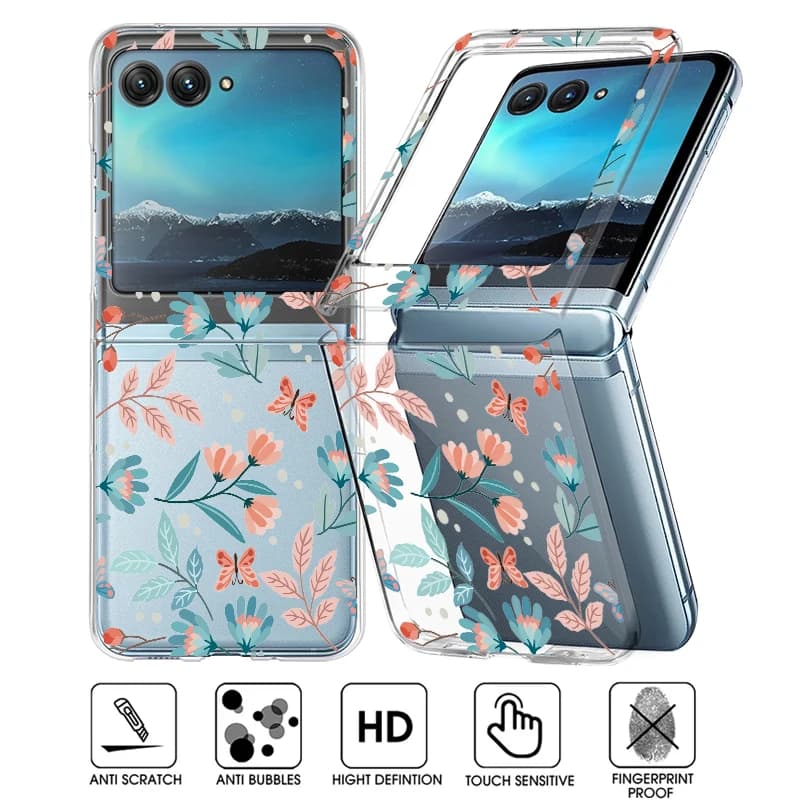 Flowers Pattern Transparent Folding Case For Motorola Razr 70 60 40 50 Ultra Razr70 Razr60 Razr50 Shockproof Hard PC Phone Cover
