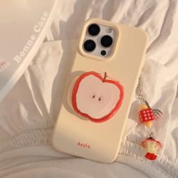 Korean Red Apple Graffiti With Holder Lanyard Phone Case for iPhone 17 16 15 14 13 12 Pro Max Soft Silicone Shockproof Cover