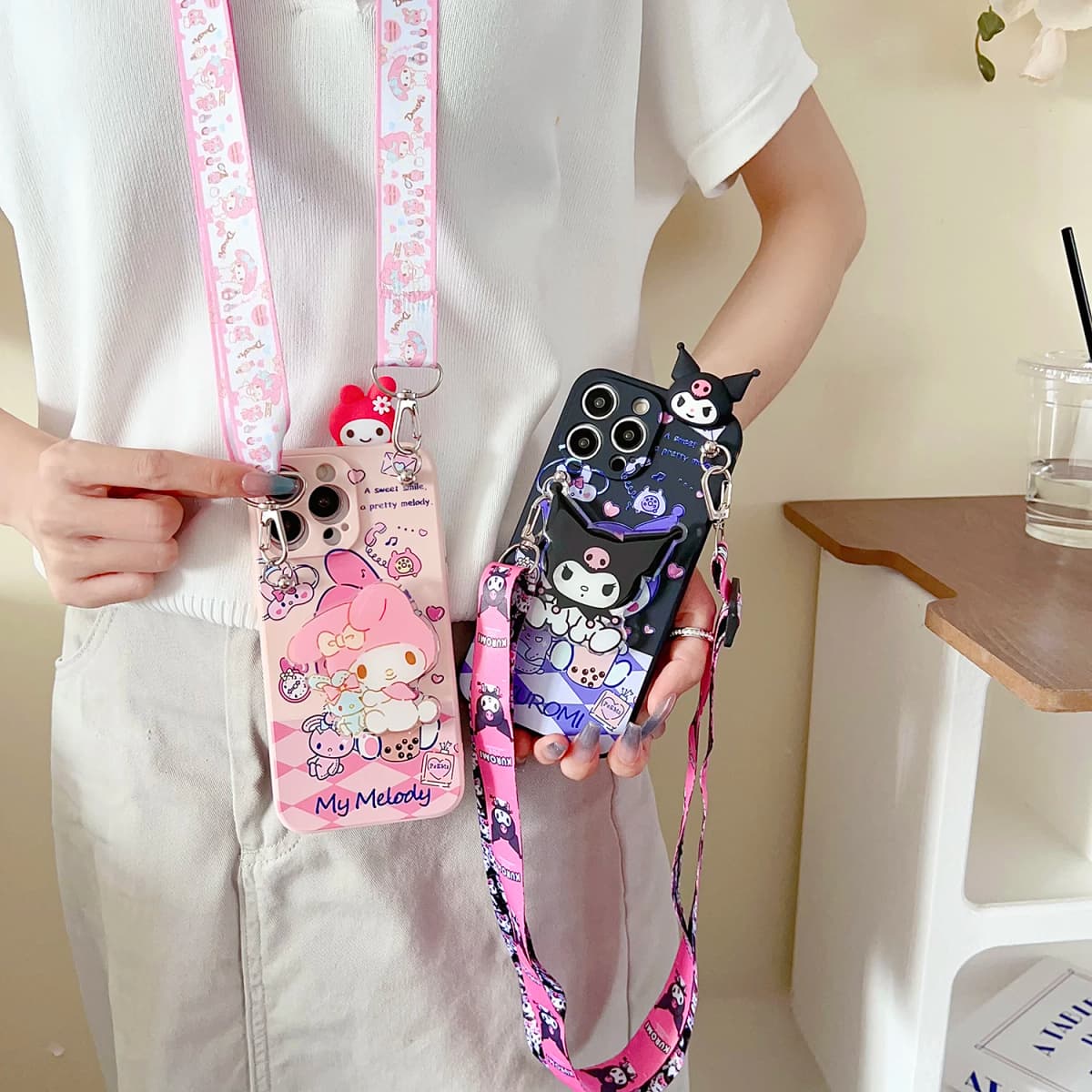 For Xiaomi Redmi 8 9 10A 12 13 10C 12C 13C 14C A1 A3 Note 7 8 9 9s 10 11 12 13 14 Pro Milk Tea Kuromi Case With Holder Rope