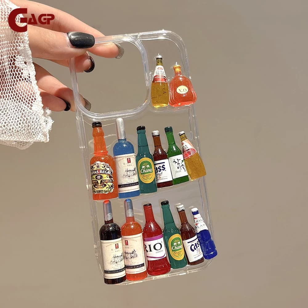 Ins Creative Fun Mini Wine Bottle Phone Case For iPhone 17 16 15 14 13 12 Pro Max Plus Personalised 3D Summer Beer Bottle Shell