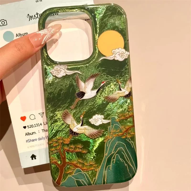 Vortex pattern High Mountain Auspicious Cloud Crane Phone Case For iPhone 18 17 16 Pro Max 15 14 13 12 11 XS XR X 7 8 Plus Cover