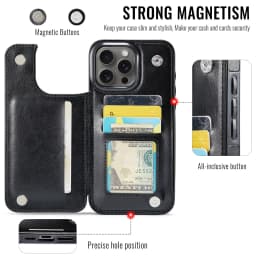 For iPhone 16 15 14 Plus 13 12 Mini 11 Pro Max PU Leather Case Kickstand Card Holder, Double Magnetic Clasp and Durable Shockpro