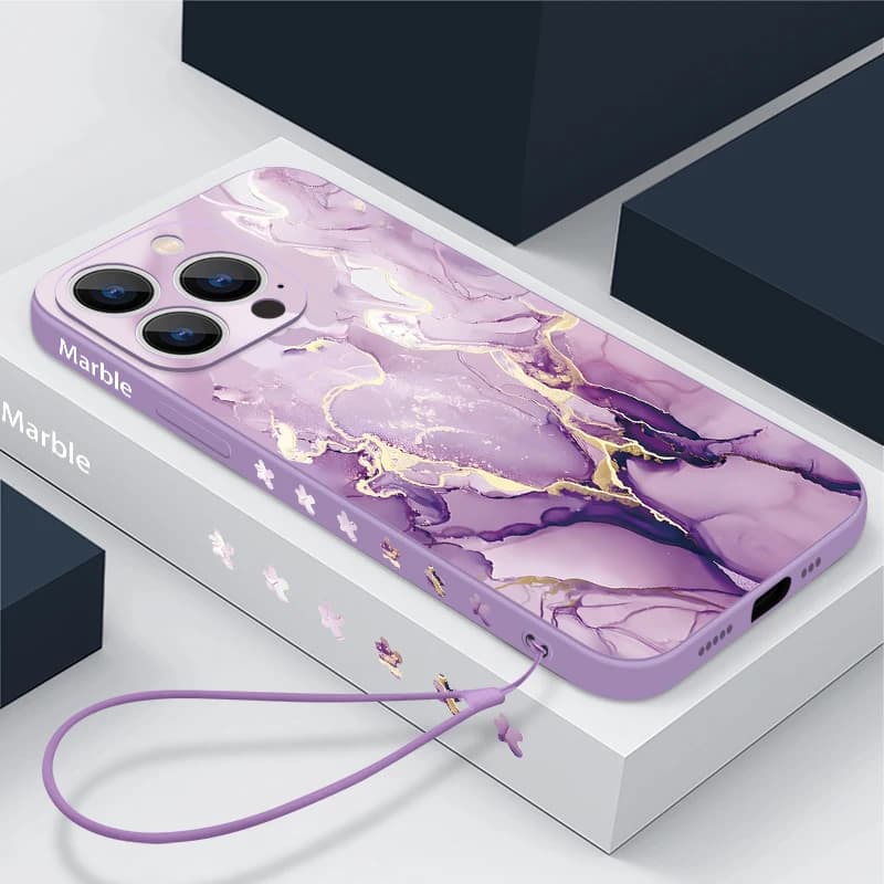 Colorful Marble Case For iPhone 15 Pro Max Coque iPhone 14 13 12 18 Pro Max 11 16 16E 17 Luxury Shockproof Lanyard Case Cover
