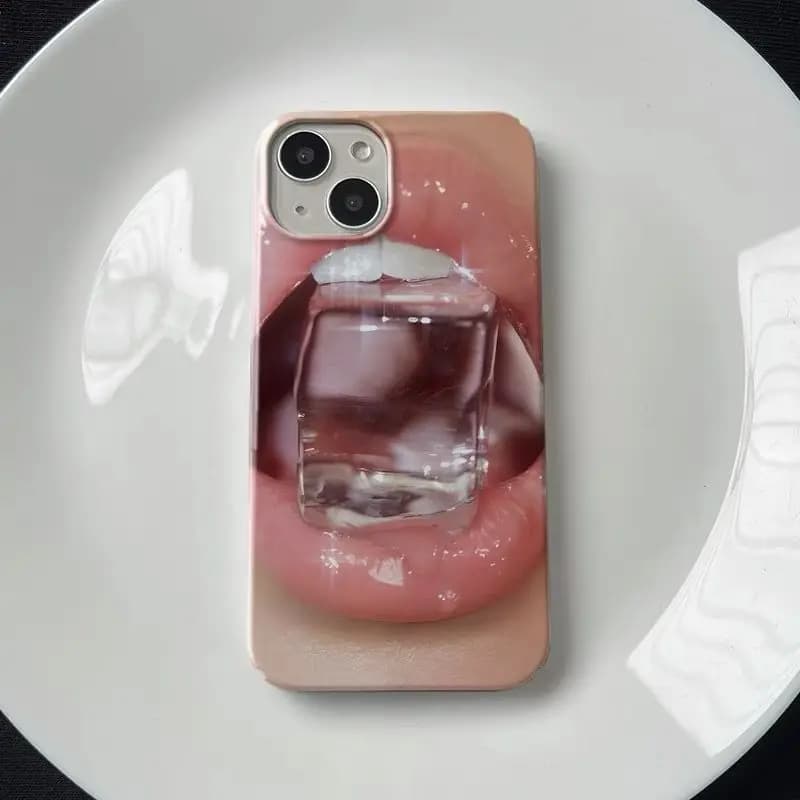 ins Wind mouth ice cubes Phone Case for iPhone 16 15 14 13 12 11 Pro Max X XS XR XSMax 7 8 Plus Glossy Film Hard PC Cover