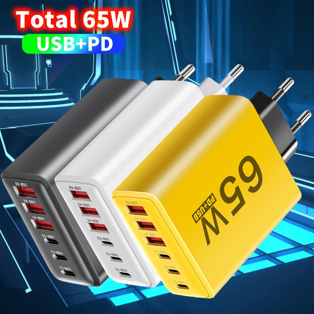 USB Charger Type C Total 65W Muti 6 Ports Quick Fast Charging EU/US/UK Plug Mobile Phone Wall Adapter for IPhone Samsung Xiaomi