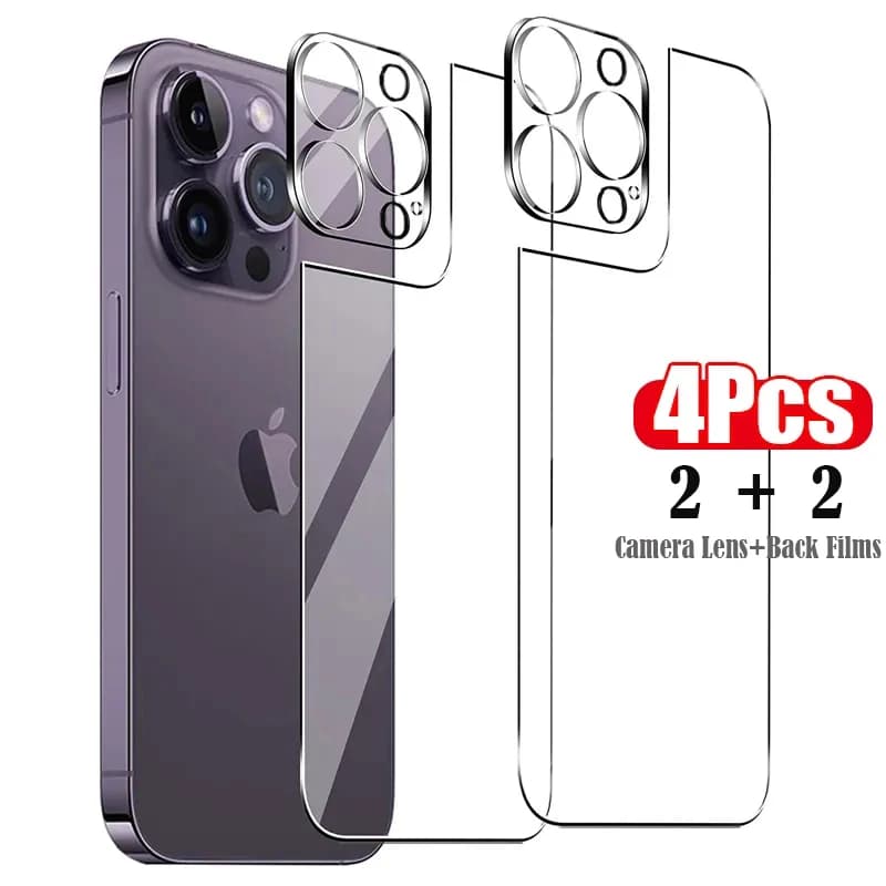 4in1[2 Back Glass + 2 Lens Glass] Clear Phone Tempered Glass For iPhone 16 15 14 Plus 13 12 Mini 11 Pro Max Back Screen Film
