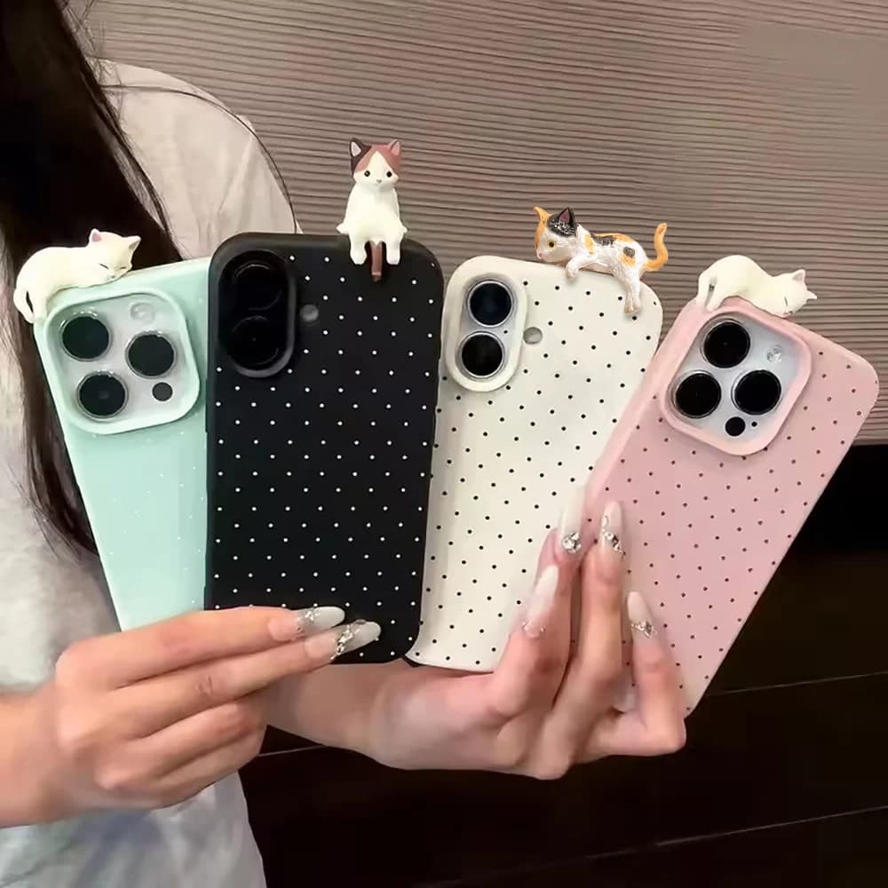 Cute 3D Cat Dot Leather Phone Case For iPhone 15 16 11 12 13 14 Pro Max 15 Plus iPhone17 17 Lovely Cartoon Cat Shockproof Cover