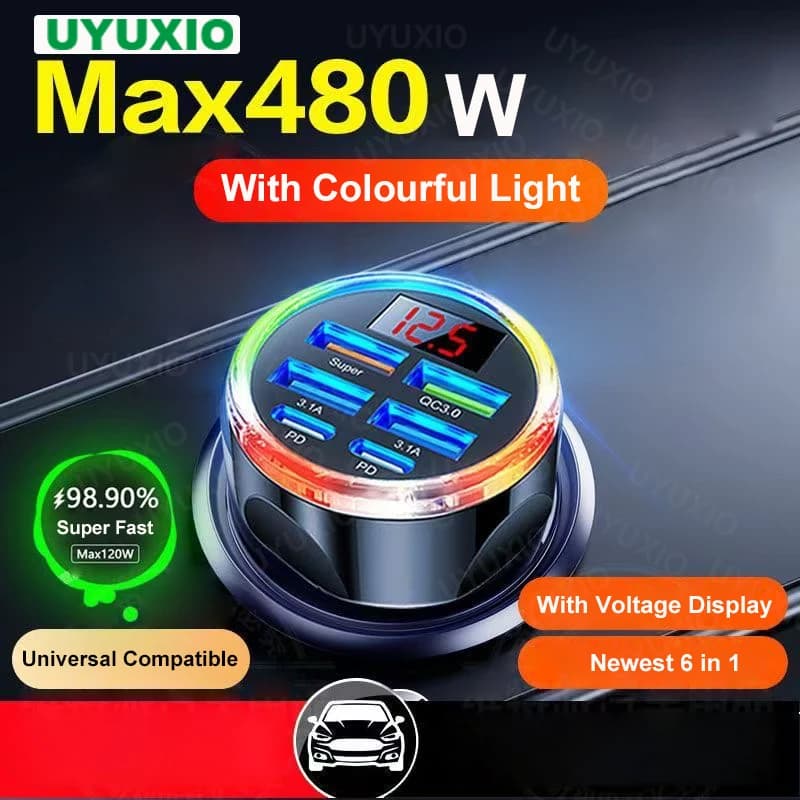 UYUXIO USB C Car Charger Adapter Multi Port with Volt Meter Super Fast Charge with Voltage Display for Macbook Samsung iPhone