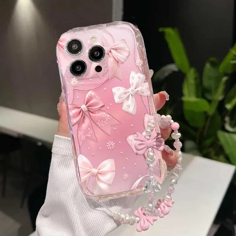 Pink Bow Pattern Chain Case For Redmi Note 14 4G Pro 5G Plus 15 15C 14C 13C 4G 12C 12 13 A3 10C Wave Side Cover
