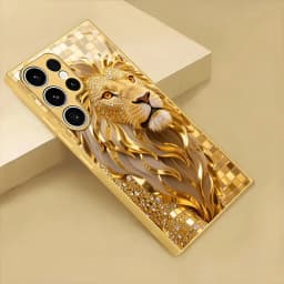 Golden Lion Pattern Electroplated Glass Phone Case Suitable for Samsung Galaxy S26 S25 S24 S23 S22 S21 S20 FE/Ultra/Plus Anti Fa